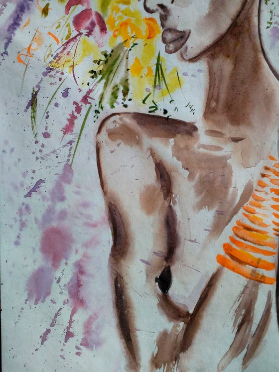 Flower Head Painting Woman Original Art African Queen Watercolor Lady with Flower Hat Artwork Home Wall Art 12 by 17" by Halyna Kirichenko