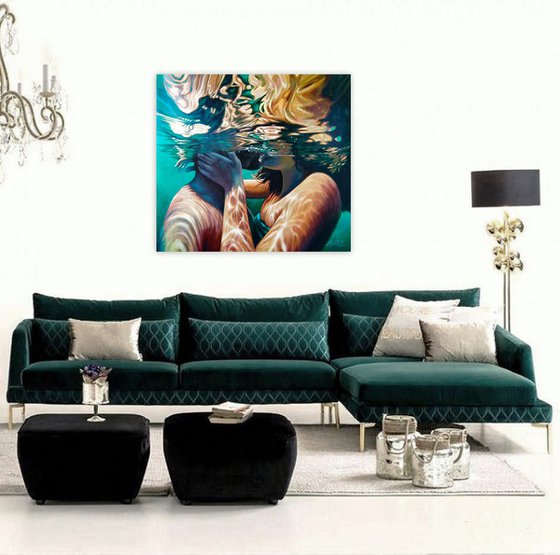 Underwater love story Modern acrylic large underwater painting Seackape Swimming Slow breathing Pleasure Recreation Girl under water Sea waves Wall art Decor Home