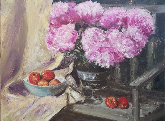 Peonies and fruit