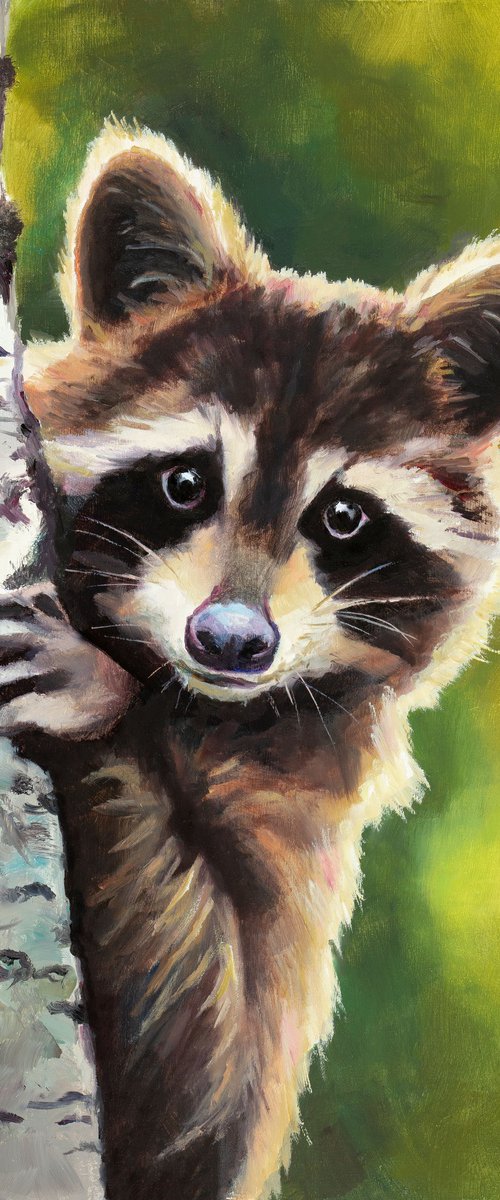 Cute baby racoon on a trunk by Lucia Verdejo