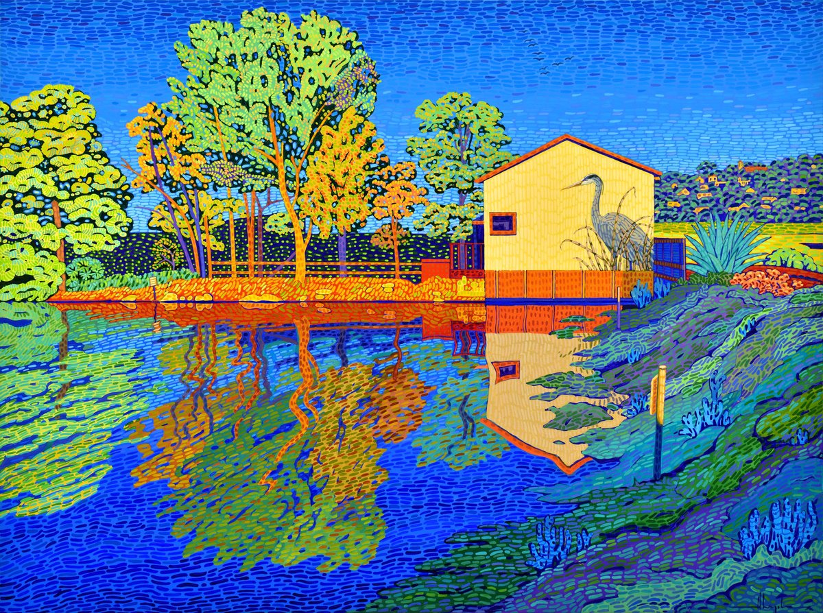 Impressionistic Landscape Acrylic Painting By Alex Nizovsky, 40 X 30, House With A Heron, Original Artwork