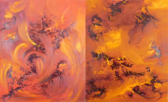In the moonlight, diptych, two paintings - Original abstract painting, oil on canvas