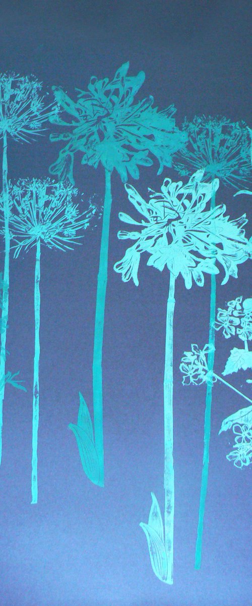 Flora and fauna in blues (#3) on Blue moon fabriano card by Carolynne Coulson