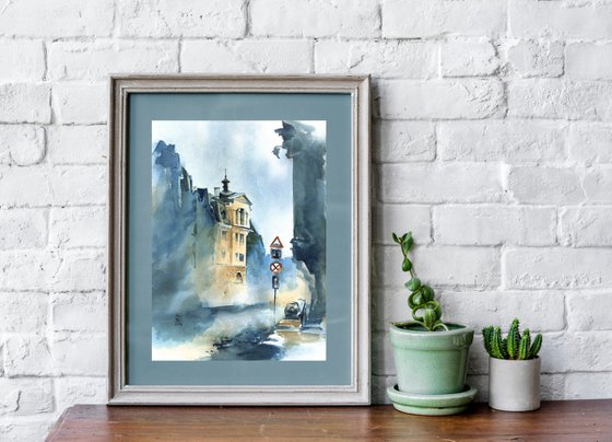 Architectural landscape "Morning light. Walk the streets of Kyiv, Ukraine" - Original watercolor painting