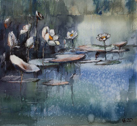 Waterlilies. Mixed media painting. Medium size green moody water monet impressionistic texture interior gift idea