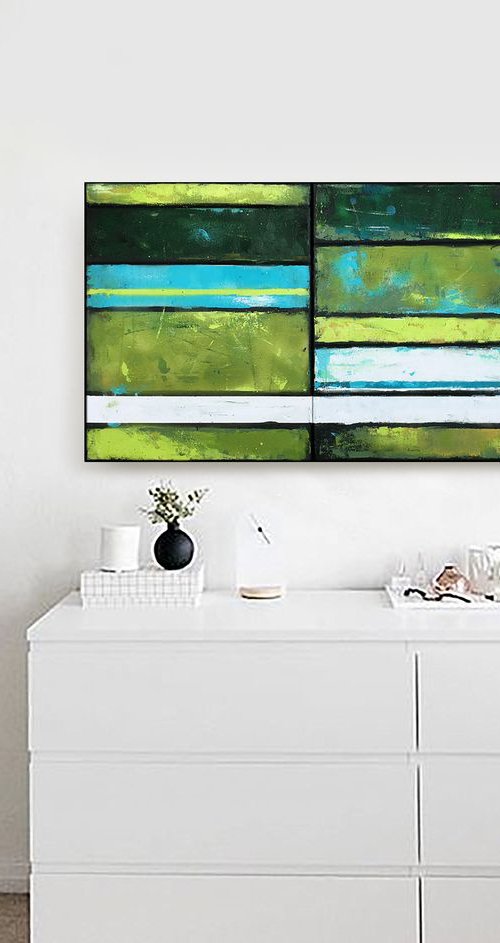 Stripe 7.1 60x16" XL Abstract  Modern Green Yellow Black by Bo Kravchenko by Bo Kravchenko