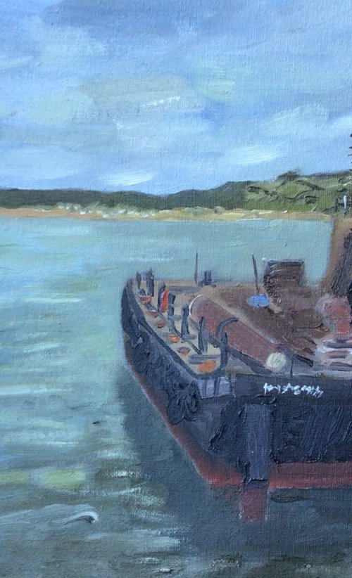 Barge in Penzance harbour, oil painting. by Julian Lovegrove Art