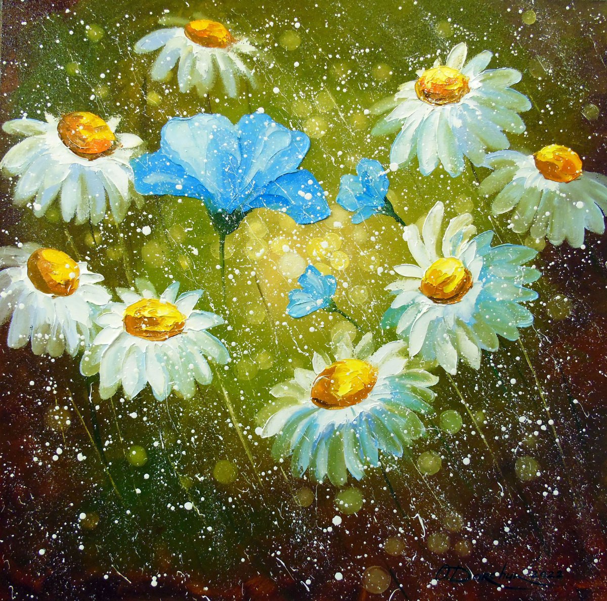 Impressionistic Botanical Oil Painting By Olha Darchuk, 24 X 24", Daisies In The Field, Original Artwork