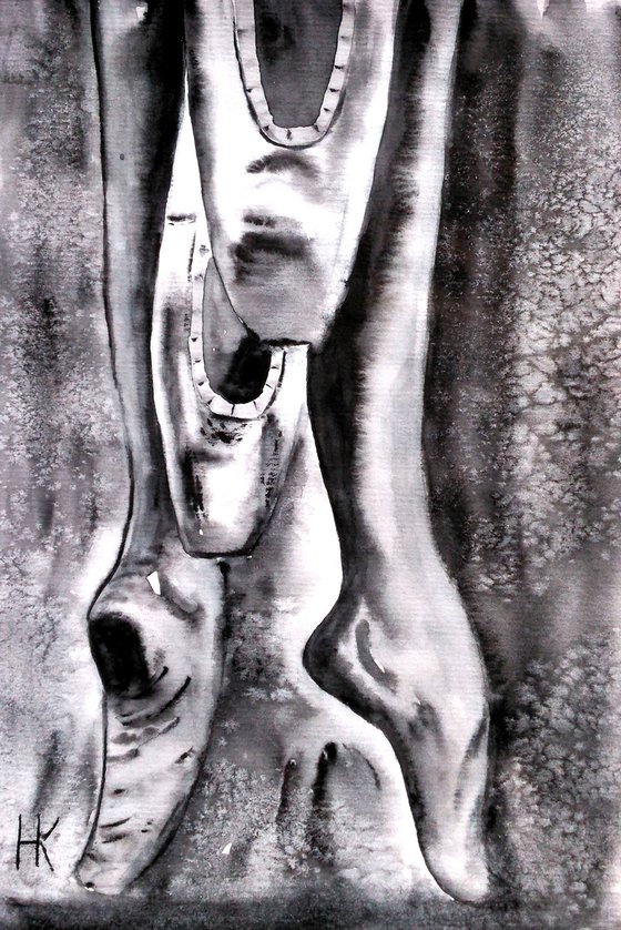 Pointe Shoes Painting Original Watercolor Artwork Ballet Feet Black Monochrome Art 8 by 12"