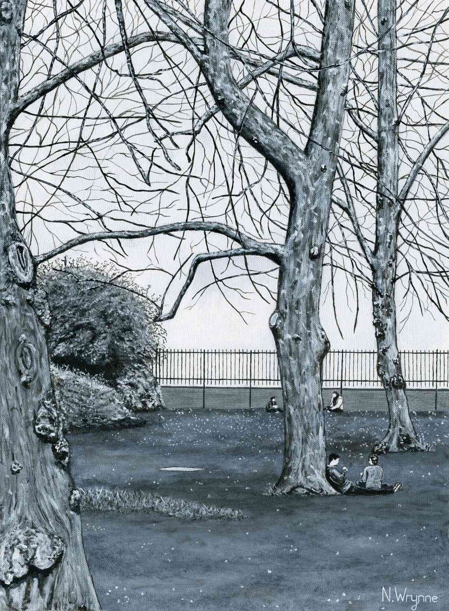 Original Acrylic Painting - Sitting in the Park - Black White Trees Landscape by Neil Wrynne