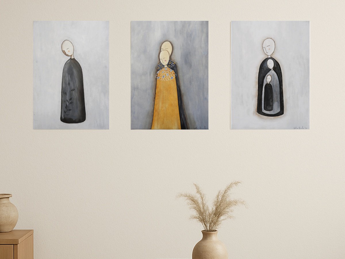 Illustrative Portrait Oil Painting By Silvia Beneforti, 25 X 12", Becoming A Family, Set Of 3, Original Artwork