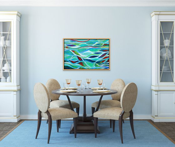 SEA GLASS. Teal, Blue, Aqua Contemporary Abstract Seascape, Ocean Waves Painting. Modern Textured Art
