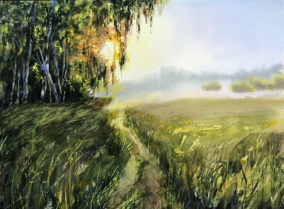 Impressionistic Landscape Watercolour By Alina Karpova, 16 X 12, Morning Sunlight, Original Artwork