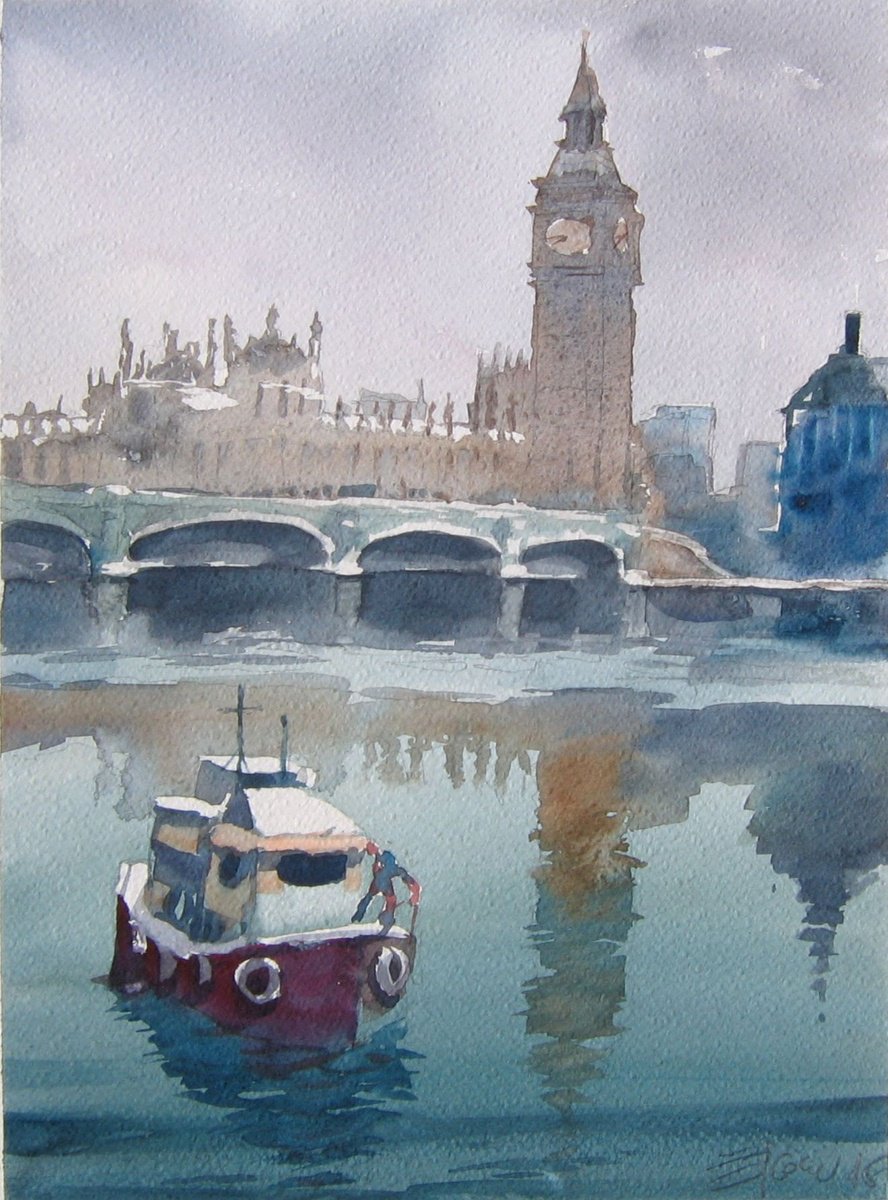 Impressionistic Cityscapes Watercolour By Goran Zigolic Watercolors, 10 X 14, Peaceful Day On Thames, Original Artwork