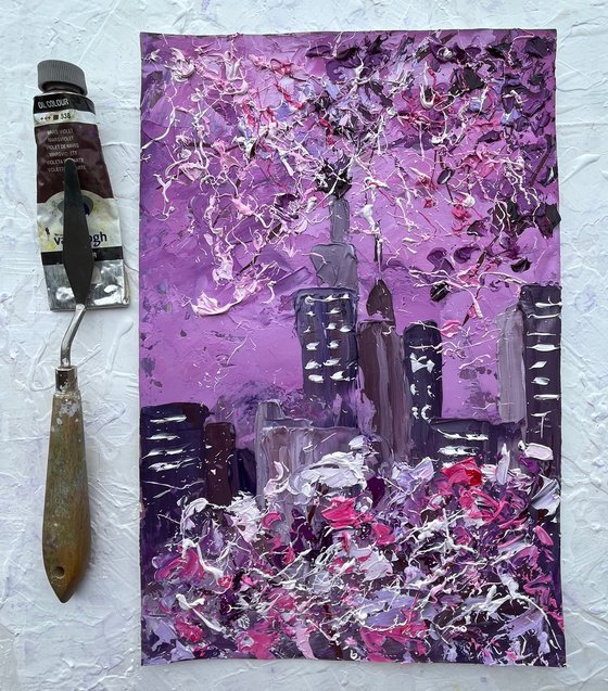 New York Painting Cityscape Original Art NYC Small Oil Artwork Cherry Blossom Tree Impasto Wall Art 8 by 12" by Halyna Kirichenko