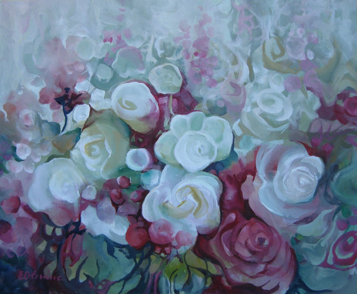 Impressionistic Botanical Painting By Elena Oleniuc, 13 X 11, Blooming Garden, Original Artwork