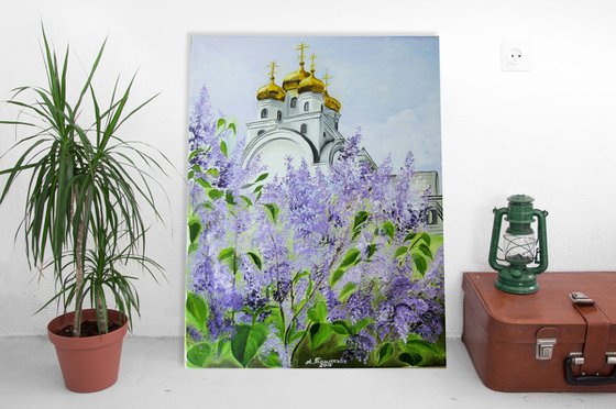 A Church in Blooming Lilac. Original Painting on Canvas. 16" x 20". 40,6 x 50,8 cm.