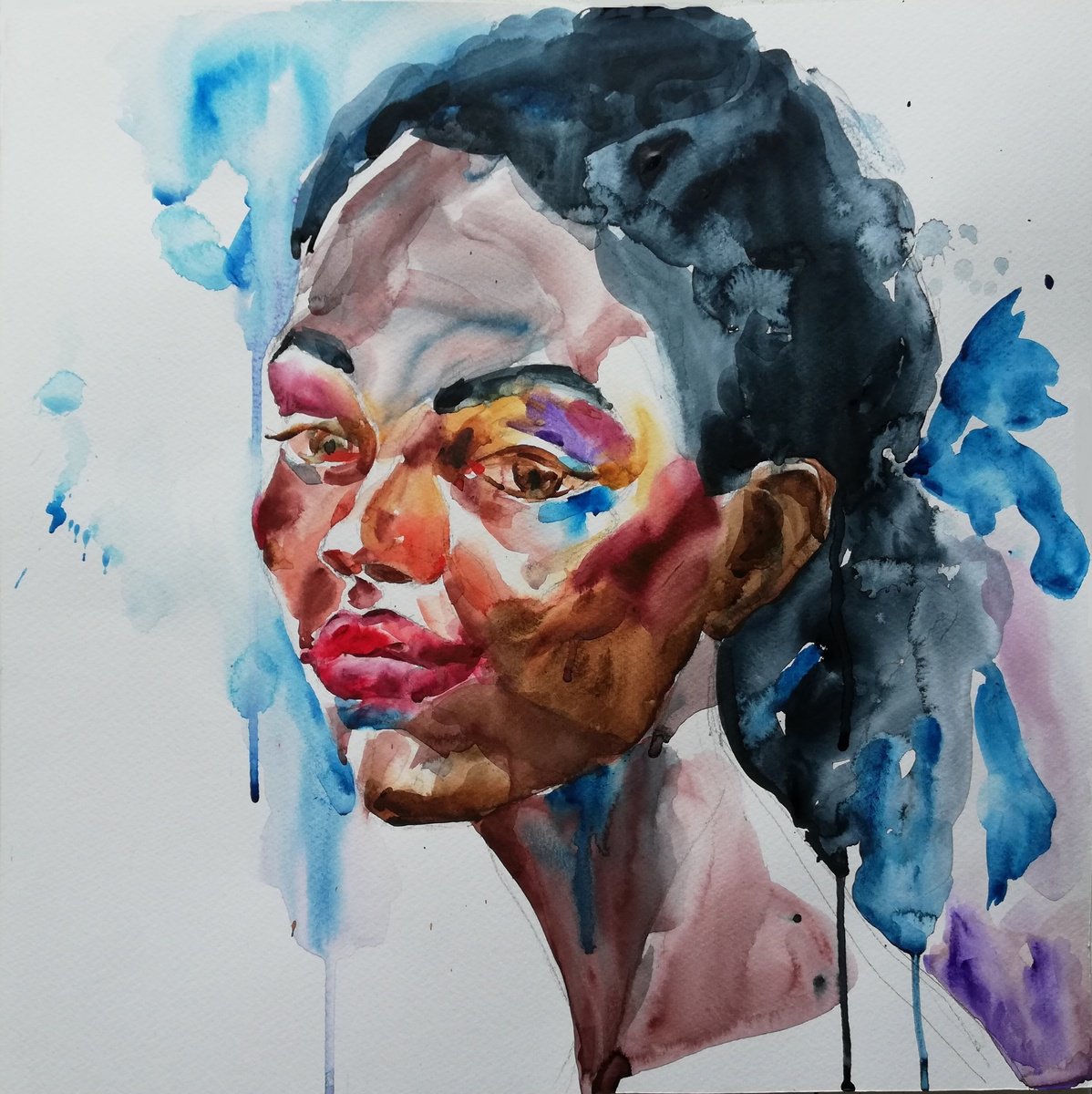 Impressionistic Portrait Watercolour By Jelena Djokic, 16 X 16, Joy, Original Artwork