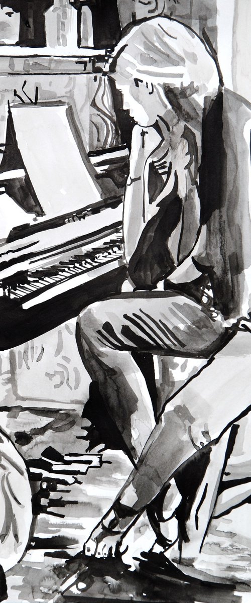 Girl and piano / 42 x 29.7 cm by Alexandra Djokic