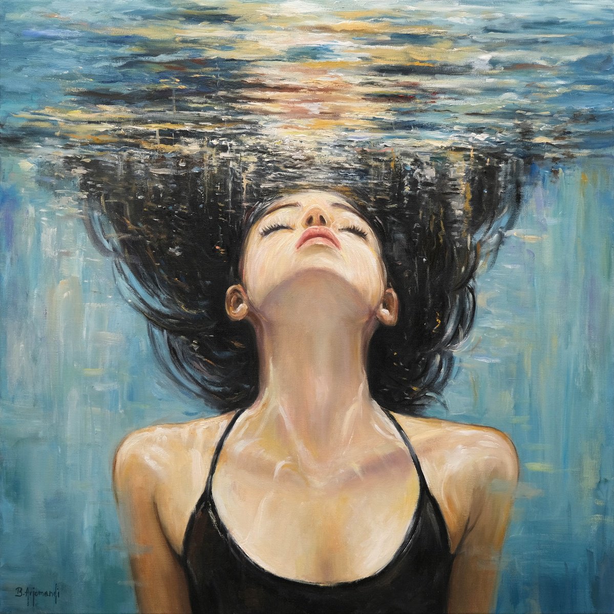 Photorealistic Portrait Oil Painting By Behshad Arjomandi, 28 X 28, Magical Underwater Summer, Original Artwork