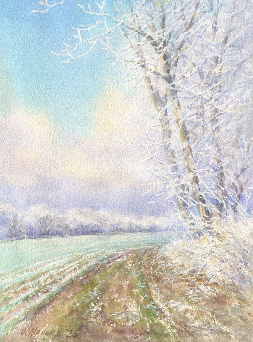 Impressionistic Landscape Watercolour By Olha Malko, 11 X 15", Frosty Freshness, Original Artwork