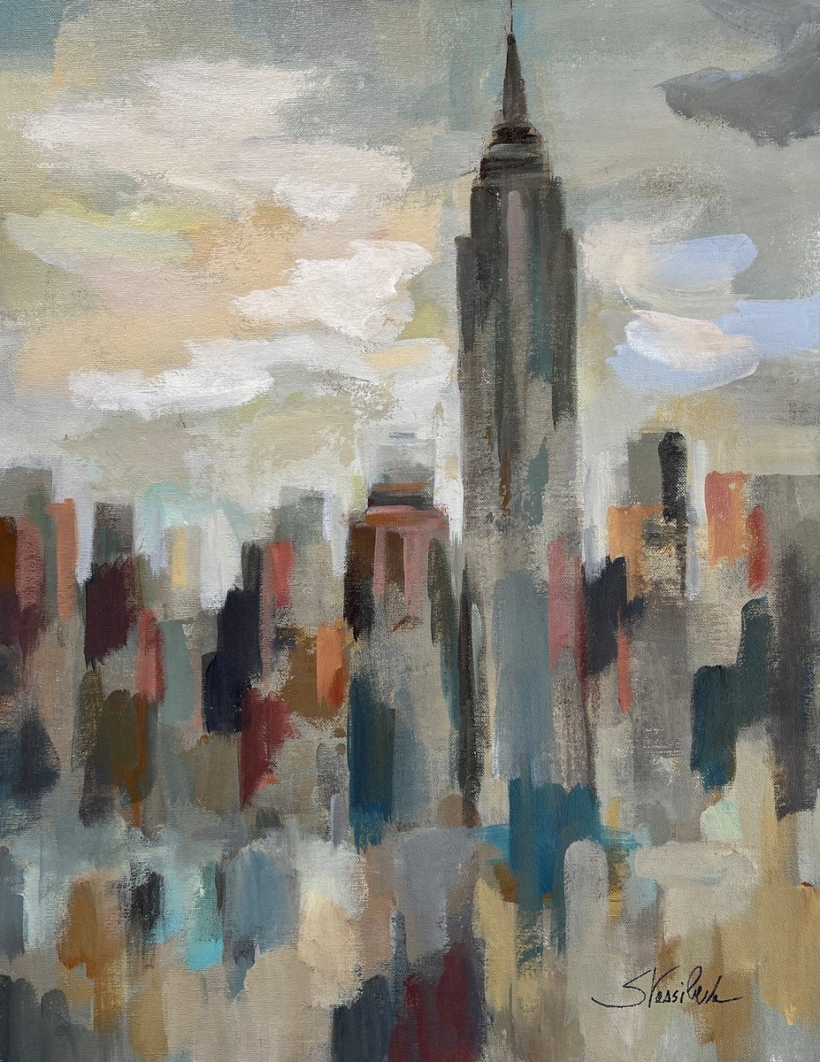 Impressionistic Cityscapes Acrylic Painting By Silvia Vassileva, 18 X 24", Manhattan Sunrise, Original Artwork