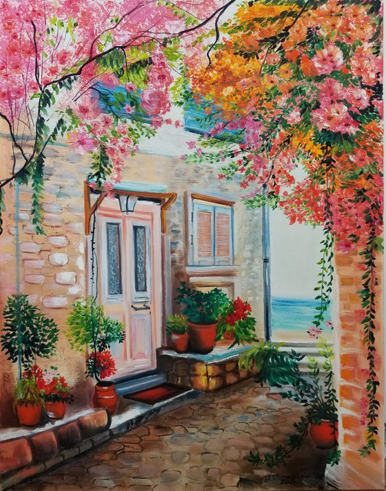 Sidewalk to the Beach. Gorgeous Spanish Landscape. Summer Day. Spectacular Oil Painting on Canvas. Home Decor. Floral Oil Painting. Room Accent.