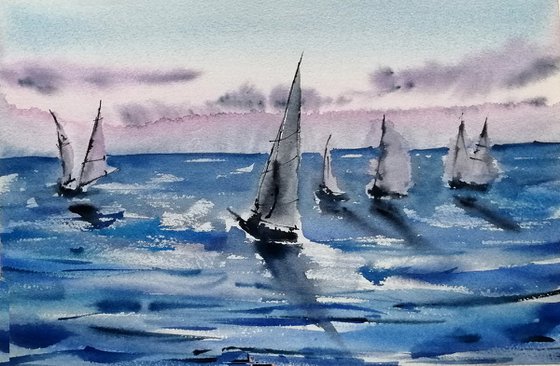 Sailboat sketch painting. Seascape