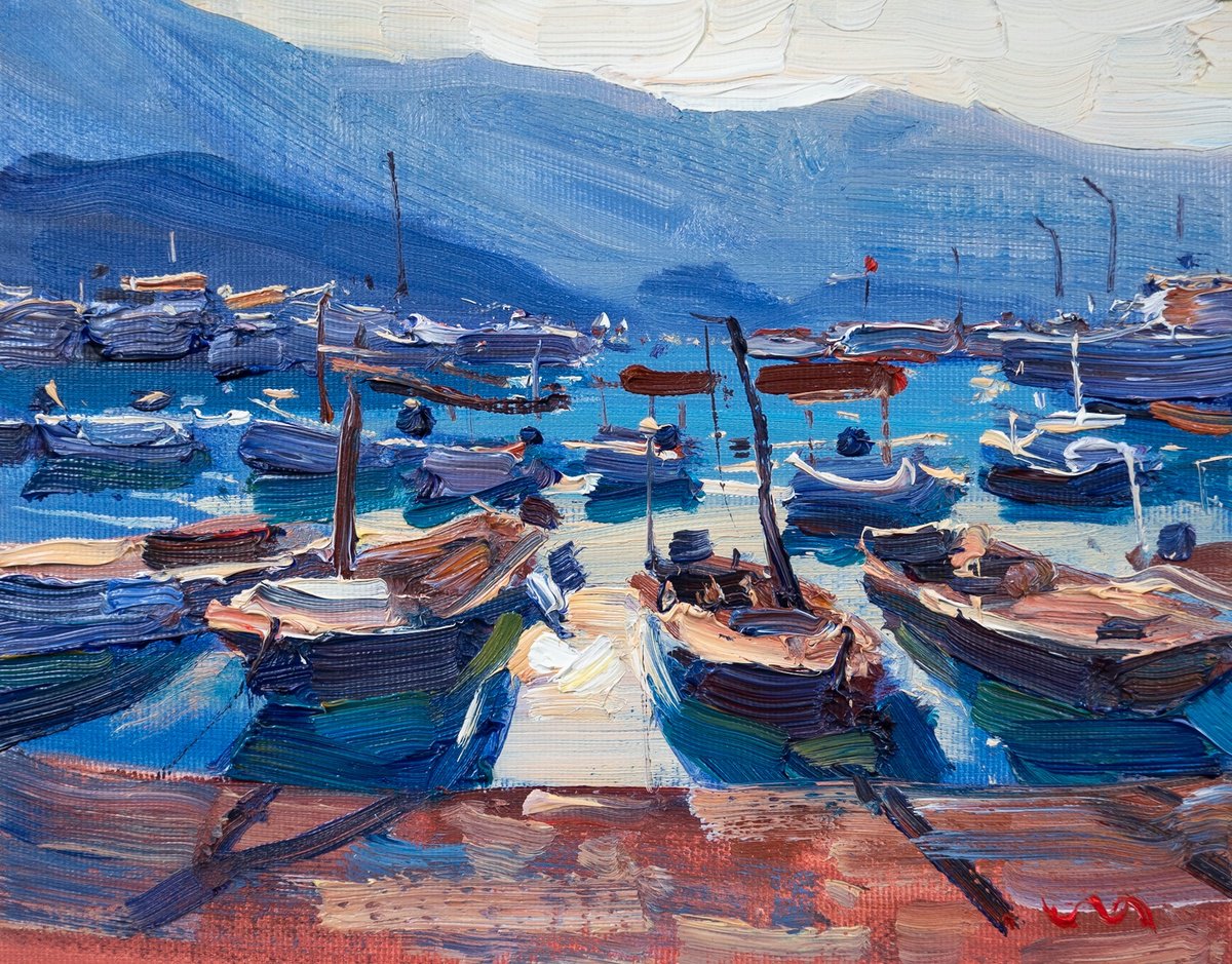 Impressionistic Landscape Oil Painting By Vasyl Moldavchuk, 9 X 7", Morning. Boats - Ii, Original Artwork