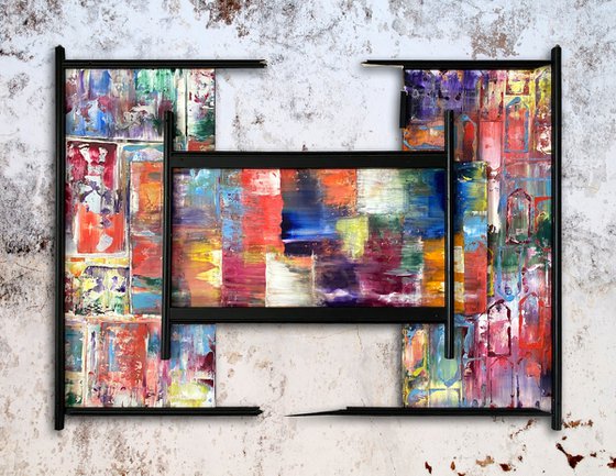 "Jagged" - Original PMS Mixed Media Assemblage Sculptural Painting on Recycled Wood and Frame Pieces - 44 x 34 inches