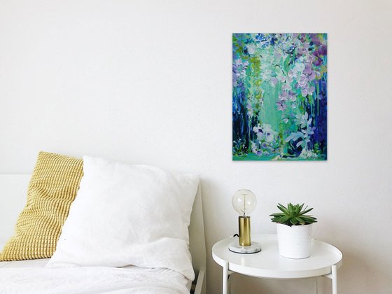 Abstract Tropical Flowers. Floral Garden. Magic Garden. Abstract Blue Floral Original Painting on Canvas 46x61cm Modern Art