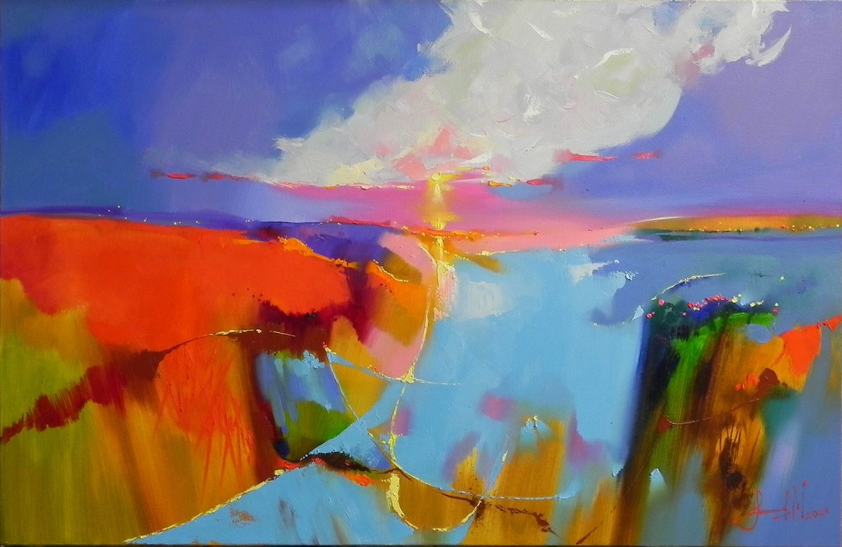 Abstract Landscape Oil Painting By Mykhailo Novikov, 39 X 26", - Clouds - ?, Original Artwork