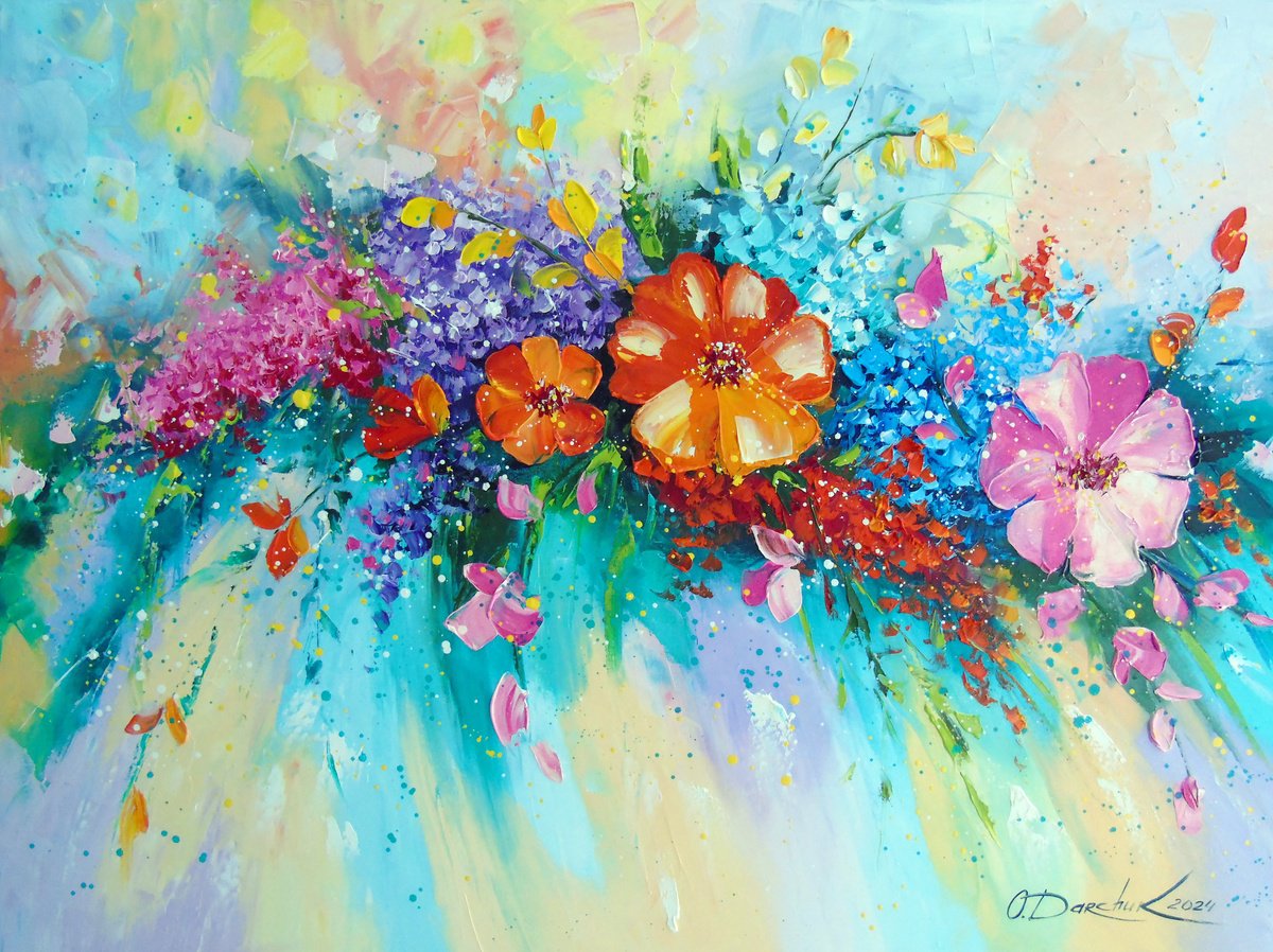 Abstract Botanical Oil Painting By Olha Darchuk, 31 X 24", A Gentle Melody Of Flowers, Original Artwork