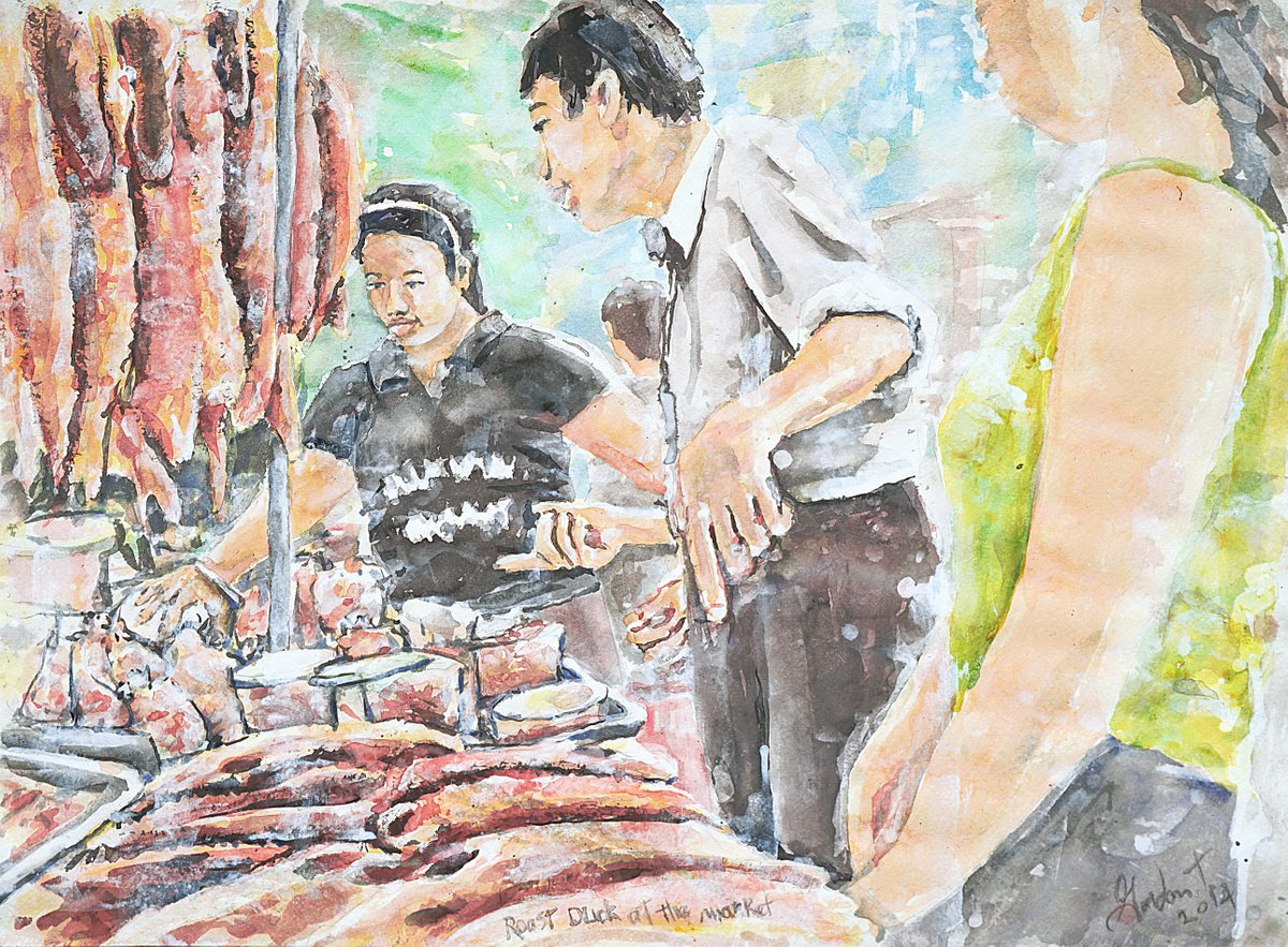 Expressive Portrait Acrylic Painting By Gordon T., 30 X 22, Roast Duck At The Market, Original Artwork