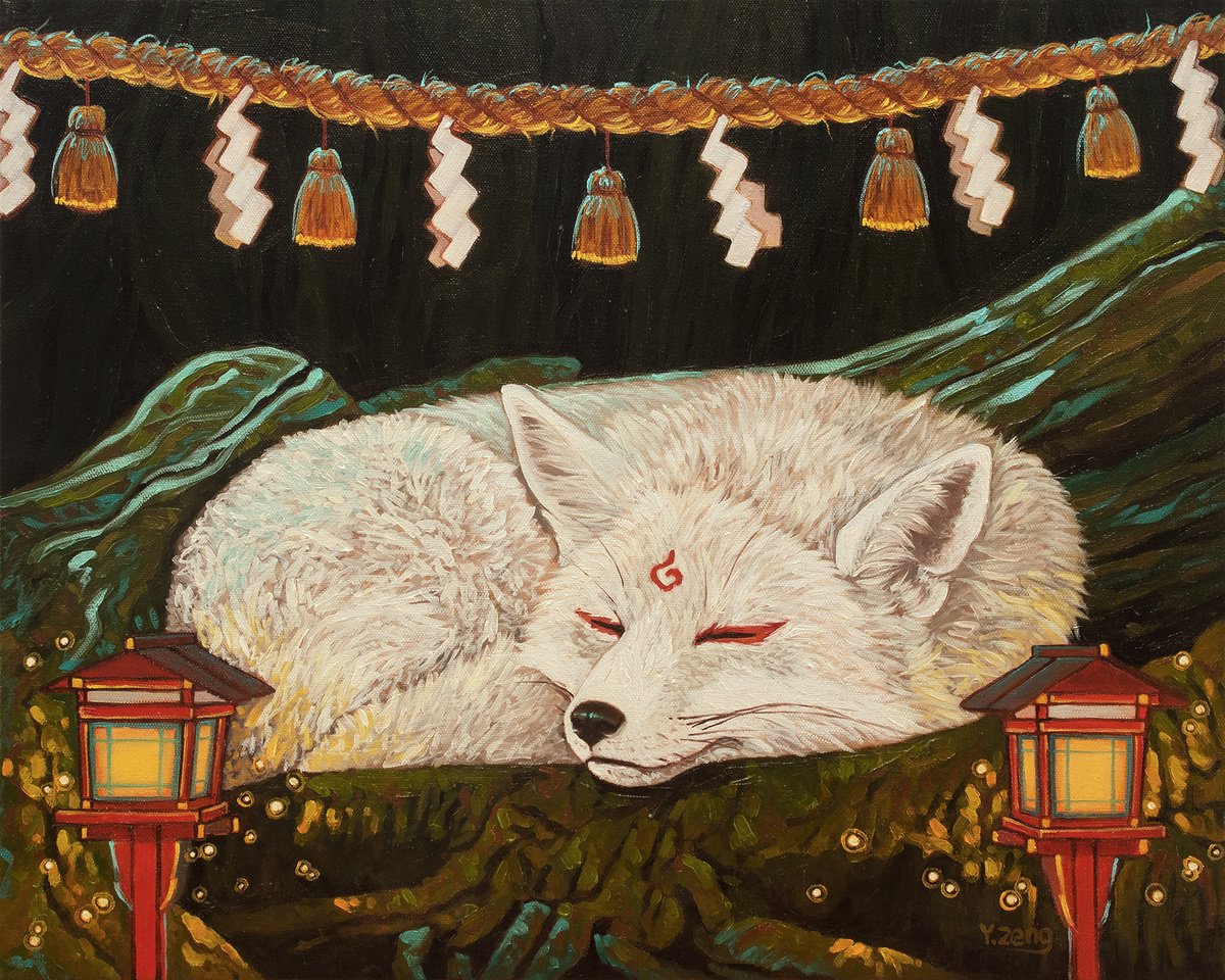 Surrealistic Animal Oil Painting By Yue Zeng, 20 X 16", White Fox Shrine, Original Artwork