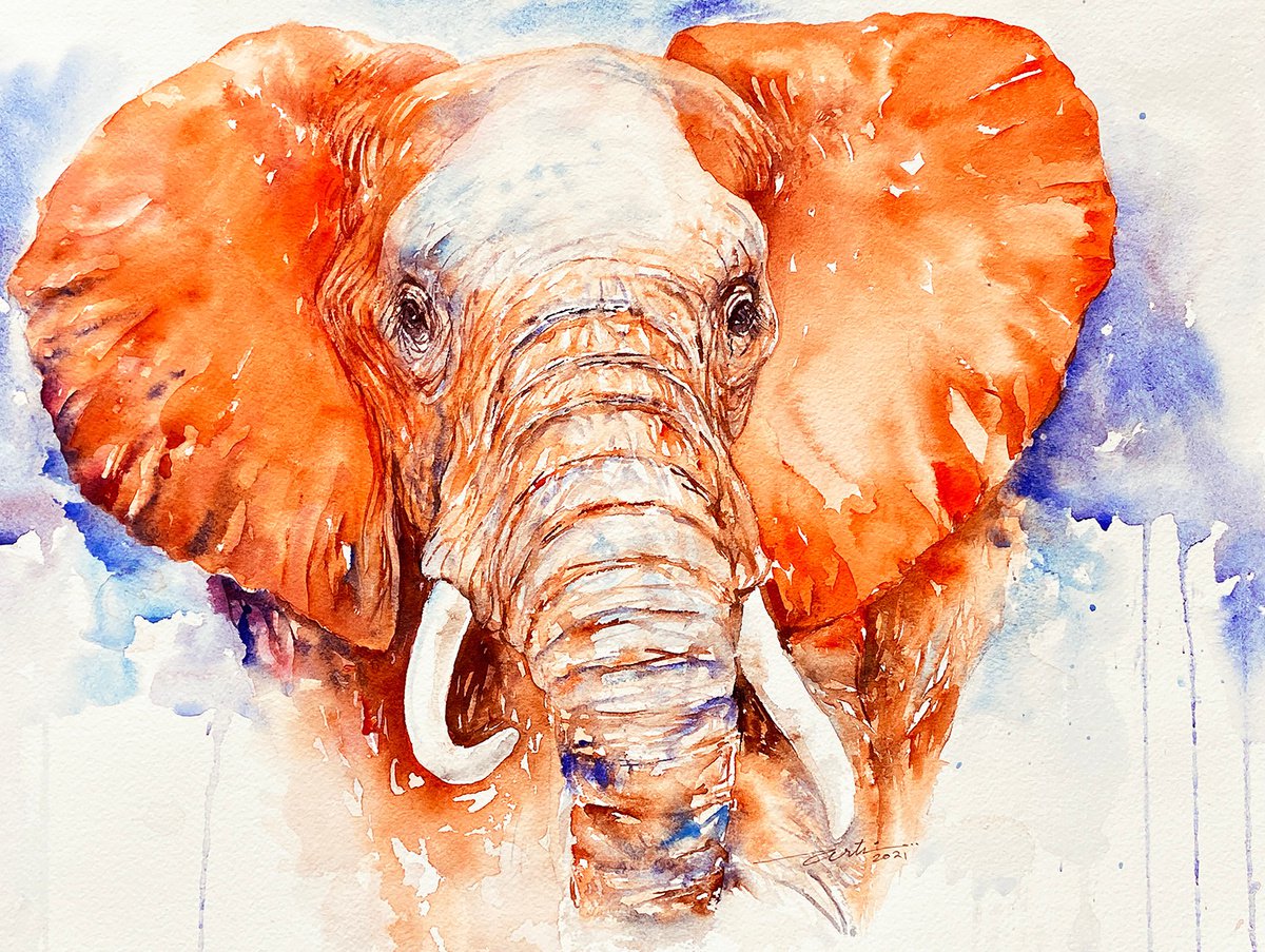 Impressionistic Animal Watercolour By Arti Chauhan, 16 X 12, Terra The Elephant, Original Artwork