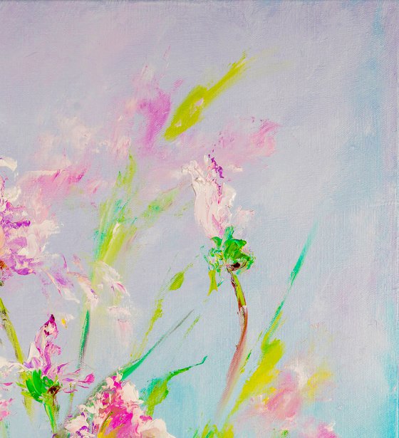 MOMENTS FROM DREAMS - Air flowers. Pink irises. Lovely bouquet. Present. Gradient. Botanical. Blue background.