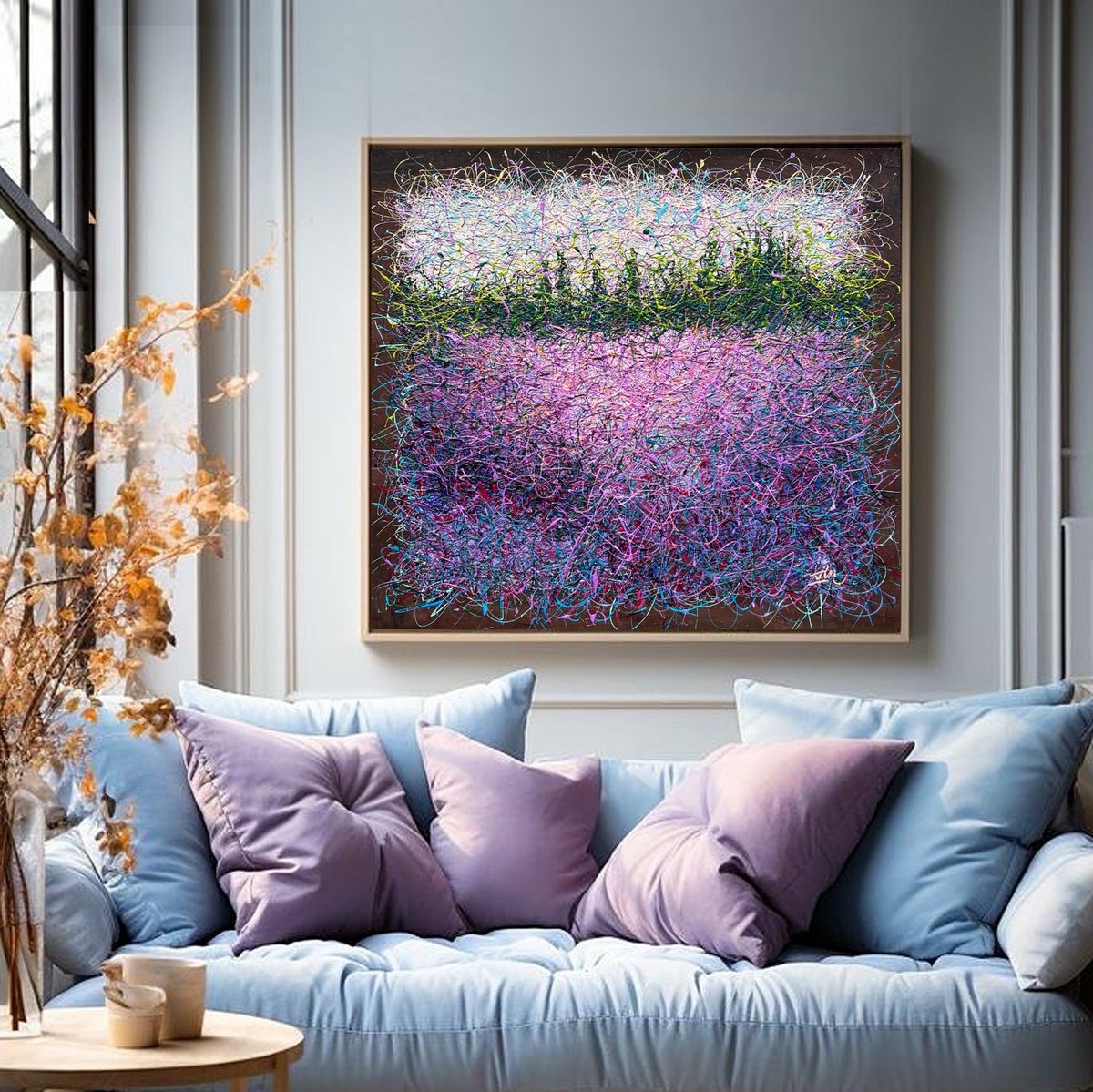 Impressionistic Landscape Acrylic Painting By Nadiia Antoniuk, 39 X 35", Stillness Between The Hills, Original Artwork