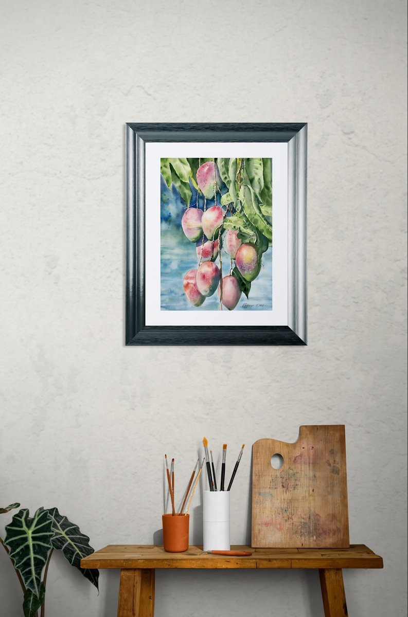 Illustrative Still Life Watercolour By Natalia Butenko, 11 X 15", Mango, Original Watercolour Painting, Original Artwork