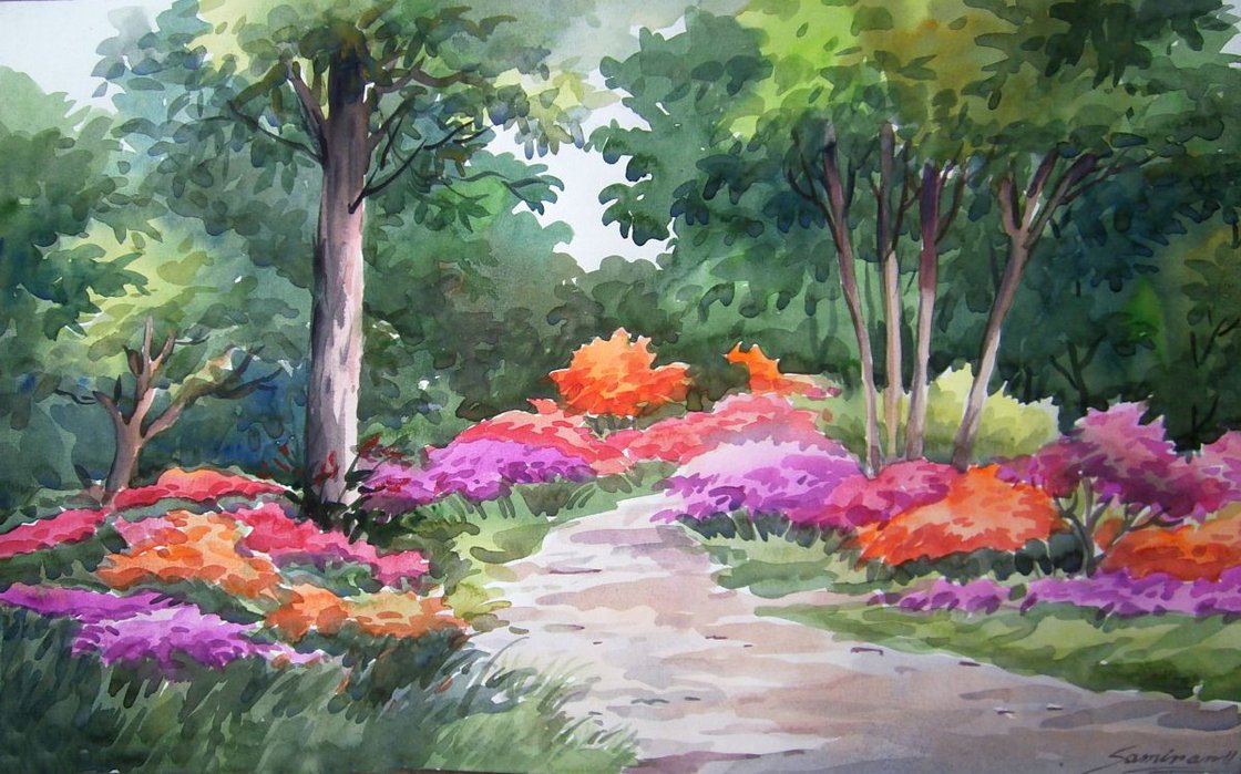 Beauty of Flowers Garden inside a Forest Watercolor on Paper Watercolour by Samiran Sarkar