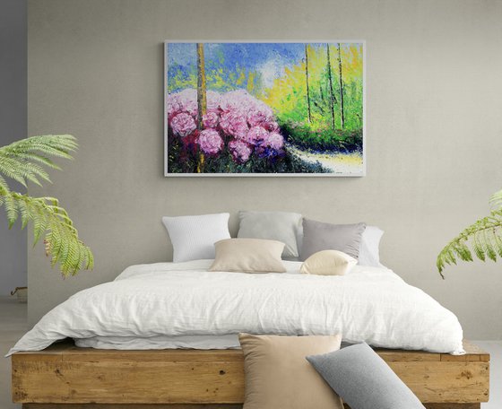 Pink flowers in a sunny day  landscape. ORIGINAL OIL PAINTING ON CANVAS