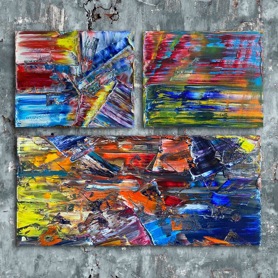 "We Are New In Town" - Save As A Series - Original PMS Large Oil Painting Triptych on One Large Recycled Wooden Panel and Two Canvas- 41 x 34 inches