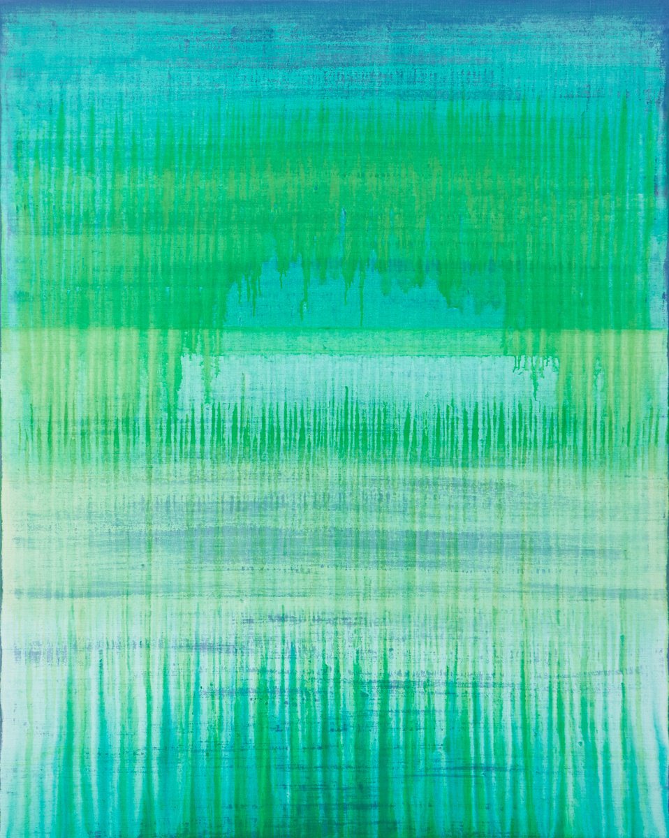 Abstract Acrylic Painting By Simon Findlay, 47 X 59", Green Arc Over Blue, Original Artwork