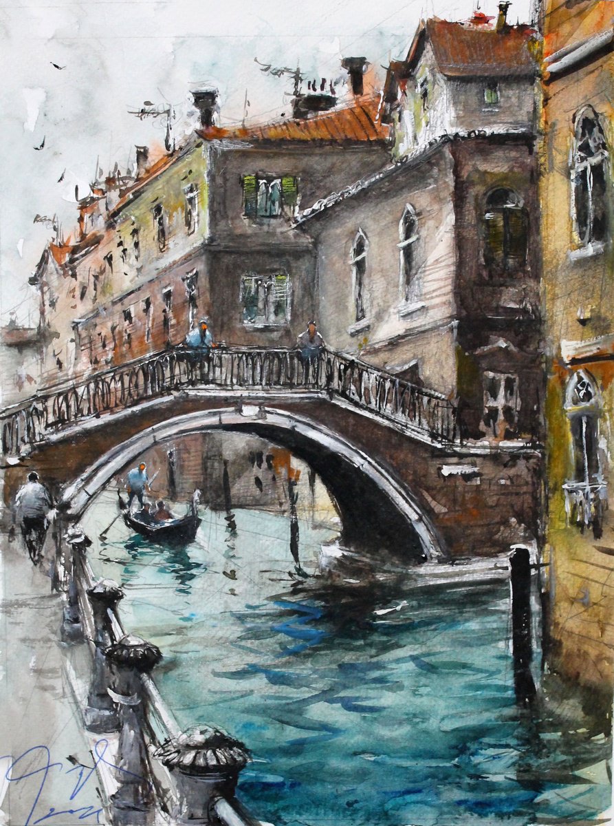 Impressionistic Cityscapes Watercolour By Maximo Damico, 10 X 14", Venice Classic Canal, Original Artwork