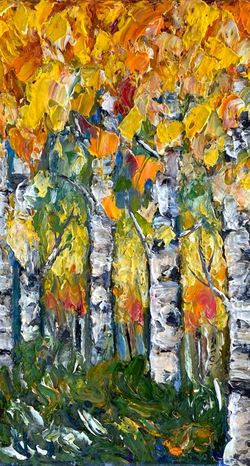 Aspen Trees  #2 impasto with Palette Knife by Lena Owens at OLena Art
