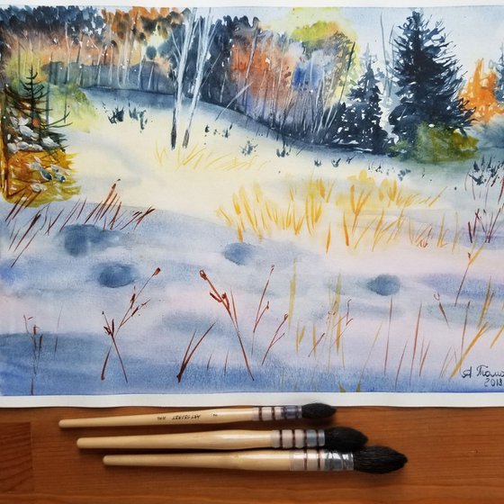 Winter Landscape #2. Original Watercolor Painting on Cold Press Paper 300 g/m or 140 lb/m. Landscape Painting. Wall Art. 11" x 15". 27.9 x 38.1 cm. Unframed and unmatted.