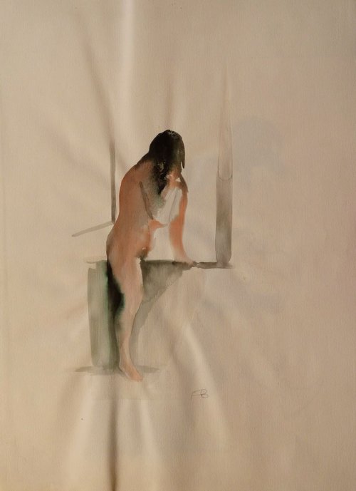 Nude by the window, ink on paper 76 x 56 cm by Frederic Belaubre