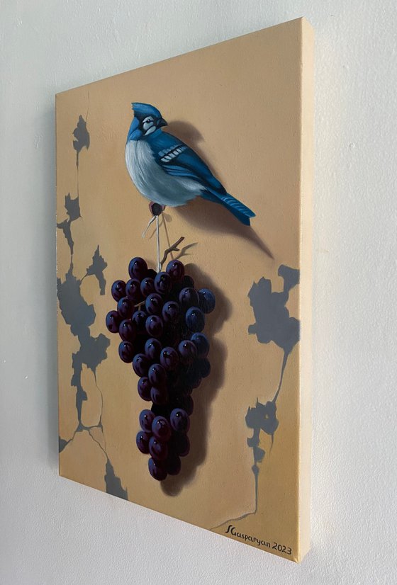 Still life with bird and grape (24x35cm, oil painting, ready to hang)