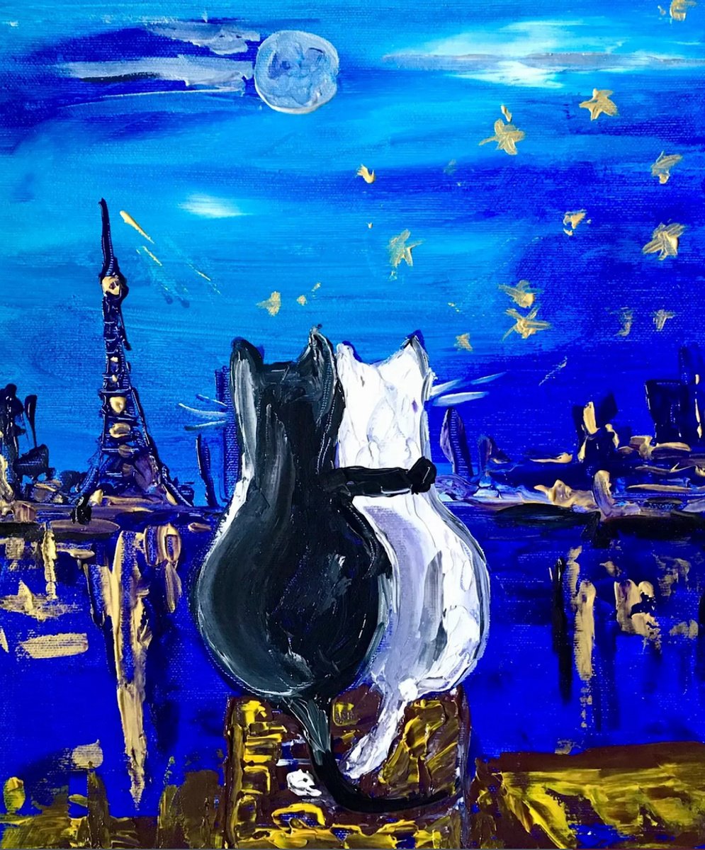 Impressionistic Animal Acrylic Painting By Olga Koval, 12 X 14", Cats In Paris. Parisian Roofs, Original Artwork