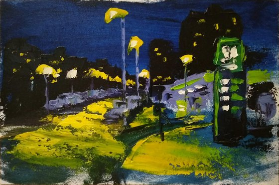 The gas station at the night. Plein Air Painting